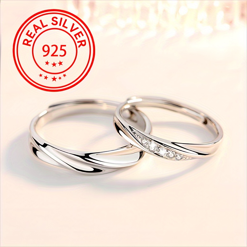 2pcs S925 Pure Silvery Wedding Ring with Synthetic Zirconia